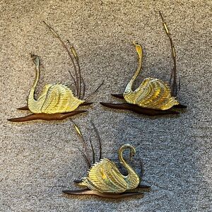 MCM Vintage Elegant Gold Brass Swan Wall Decor Set of Three (3)